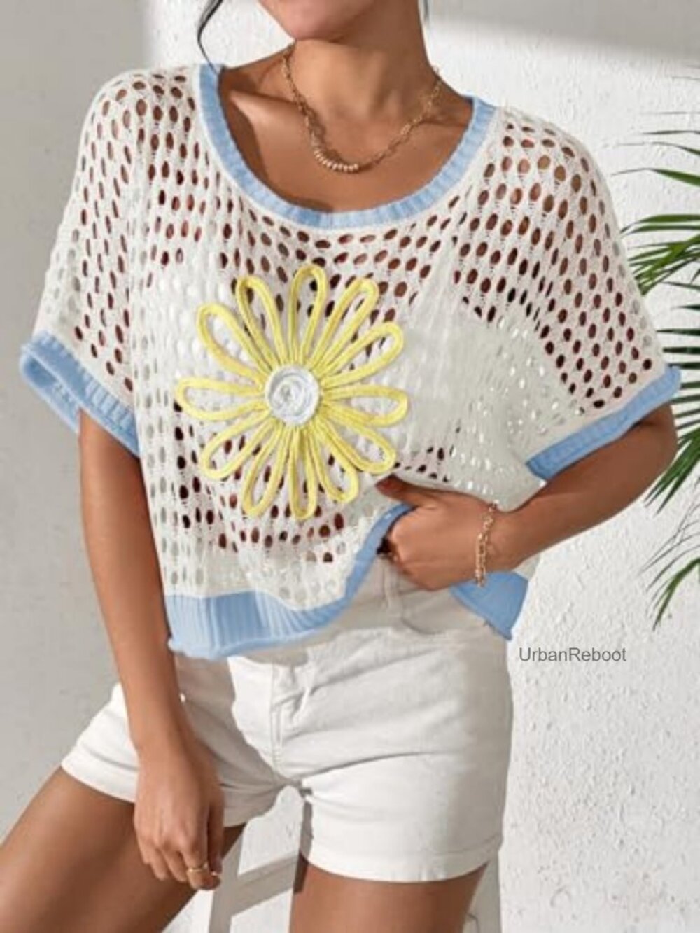 Boho Crochet Crop Sweater Beach Knit Cover Up Short Sleeve Pullover - Picture 2 of 7